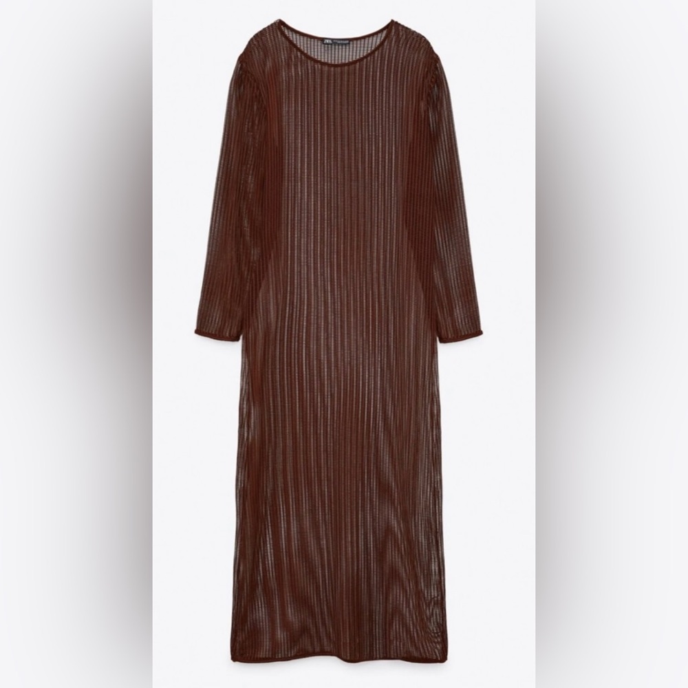 Zara Chocolate Long Sleeve Mesh Dress. Size M/ L